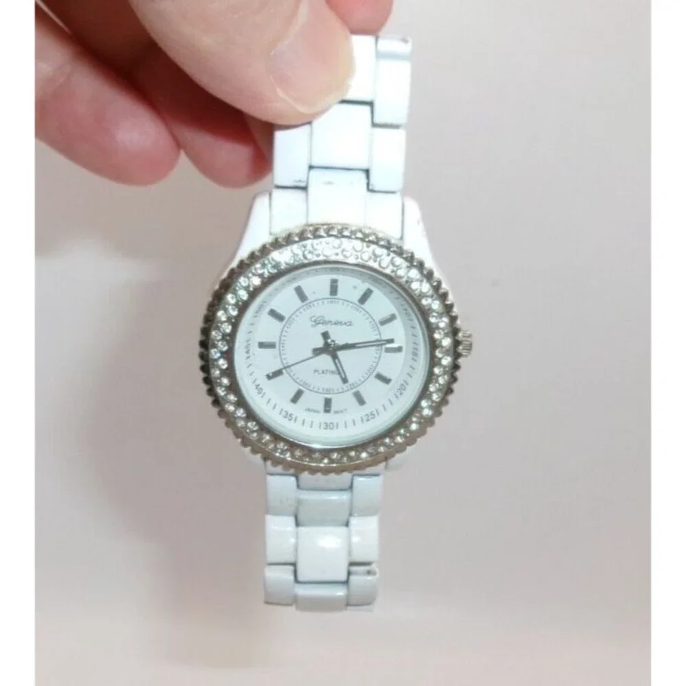 Geneva Platinum Japan Movt White Enamel Band Jeweled Dial Works Includes Battery